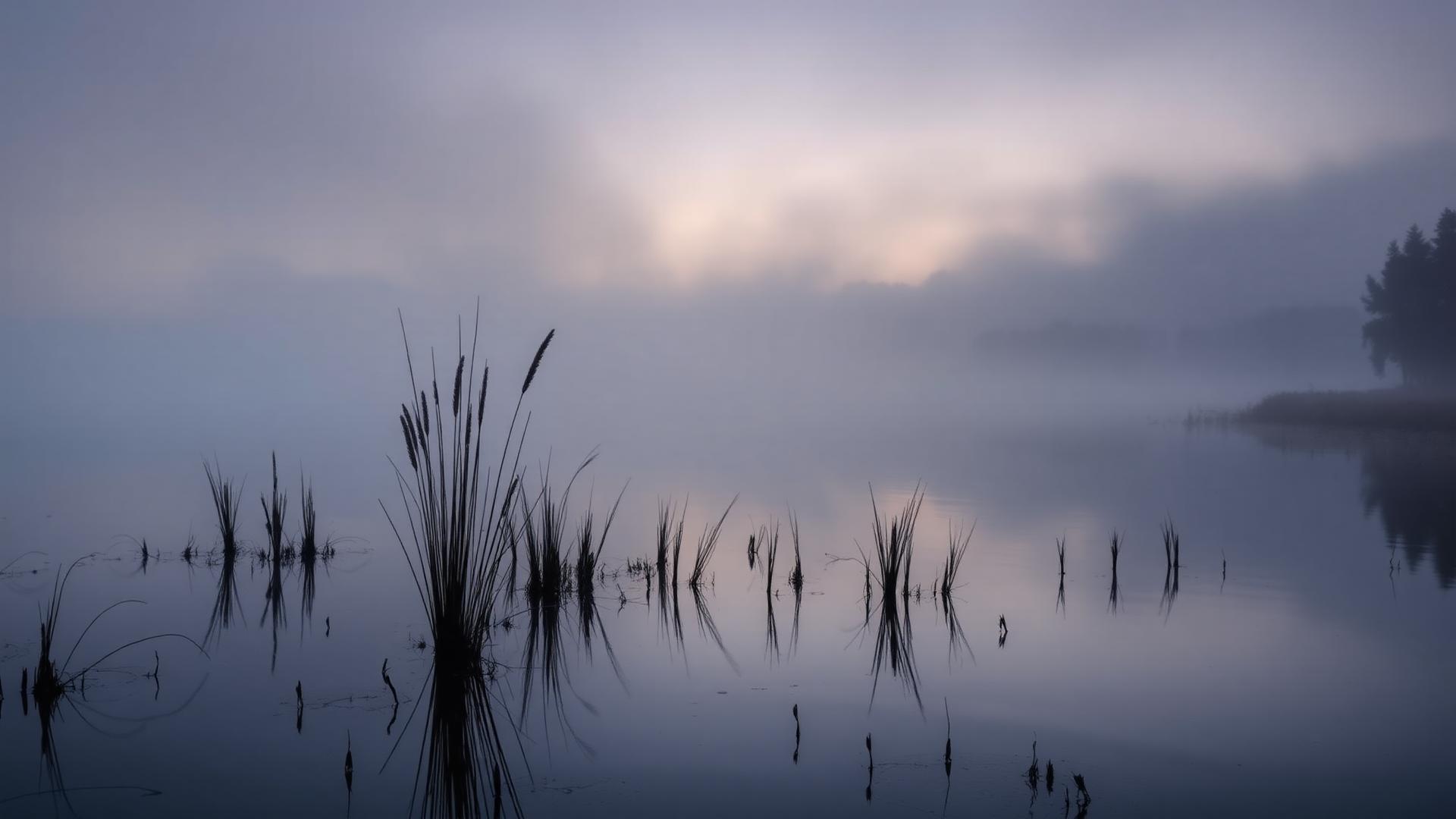 Mistig meer bij dageraad